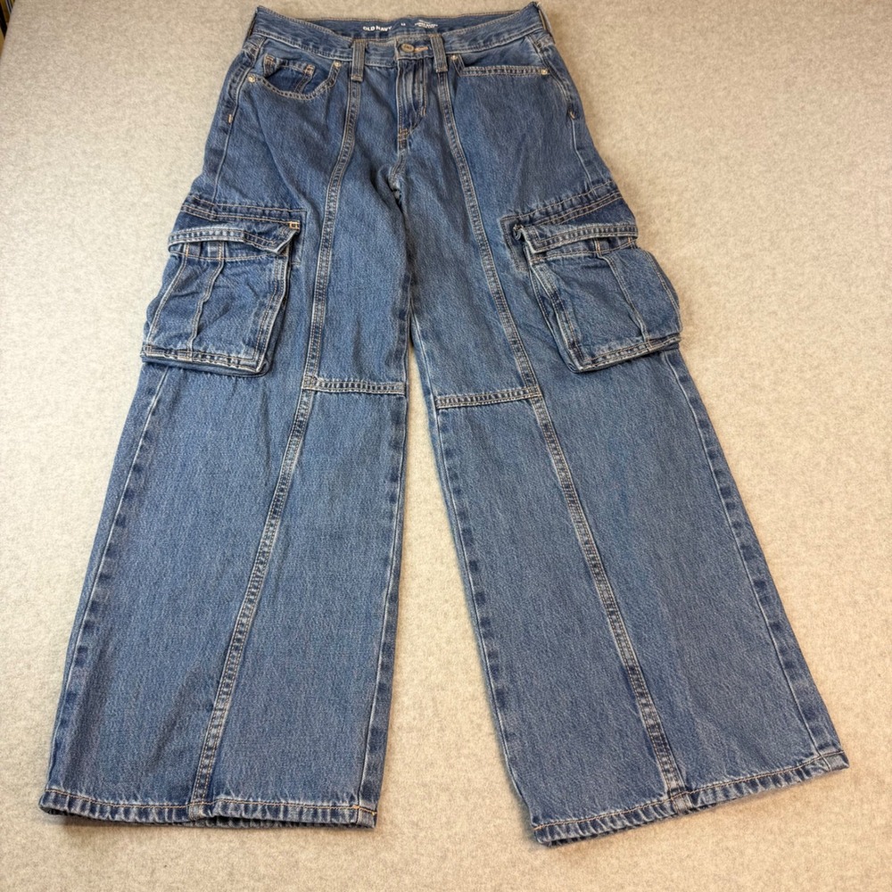 Old Navy Womens 12 Super Baggy Wide Leg Cargo Jeans High Rise Medium Wash Denim